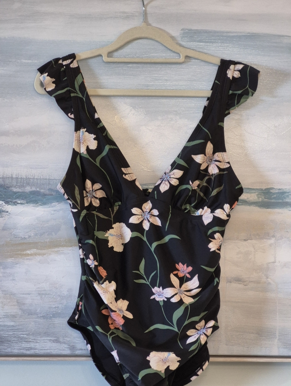Shade & Shore Floral V-Neck Black, Green & C9ral/pink Women's Swimsuit Size M